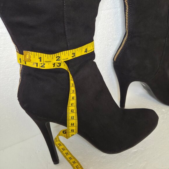 Forever 21 Women’s Black Faux Suede Knee High Stiletto Heel Gold Zip Boots - 9 - Picture 10 of 12